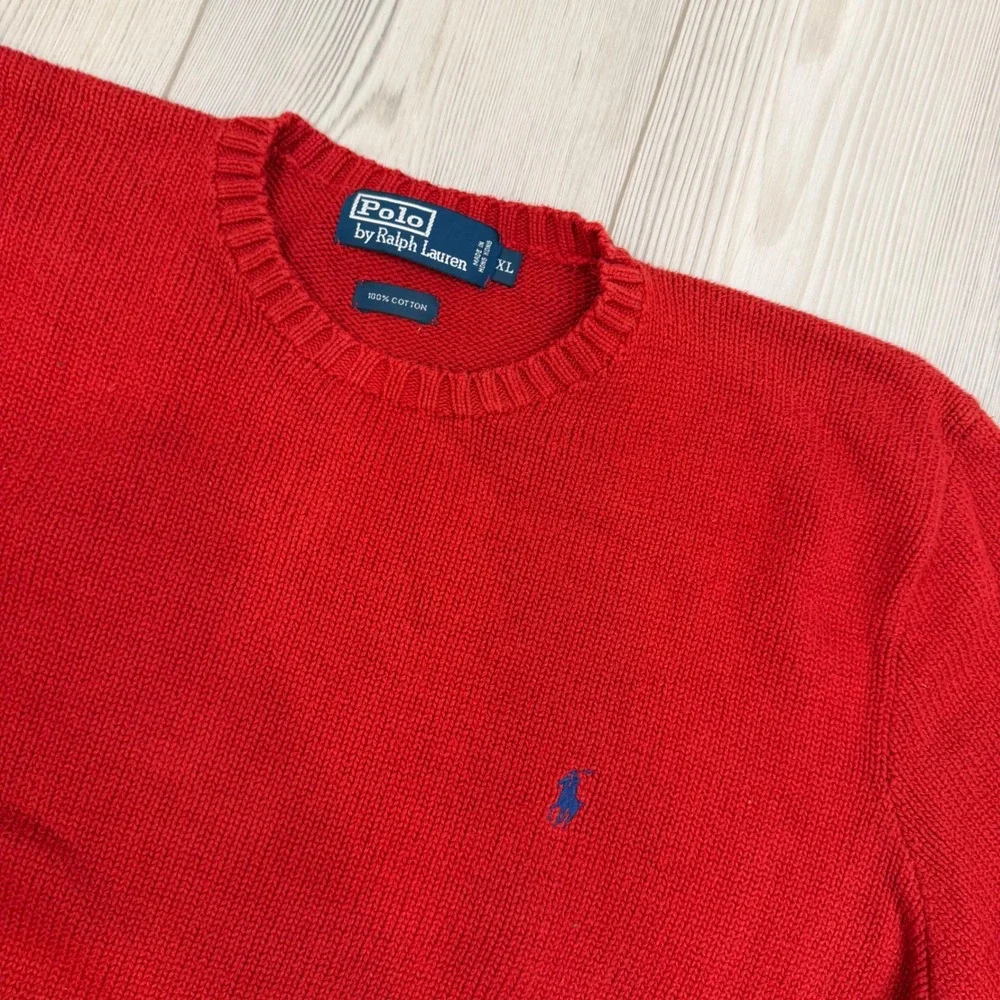 Polo Ralph Lauren Red Cotton Crewneck Sweater Mens XL Blue Pony Logo
